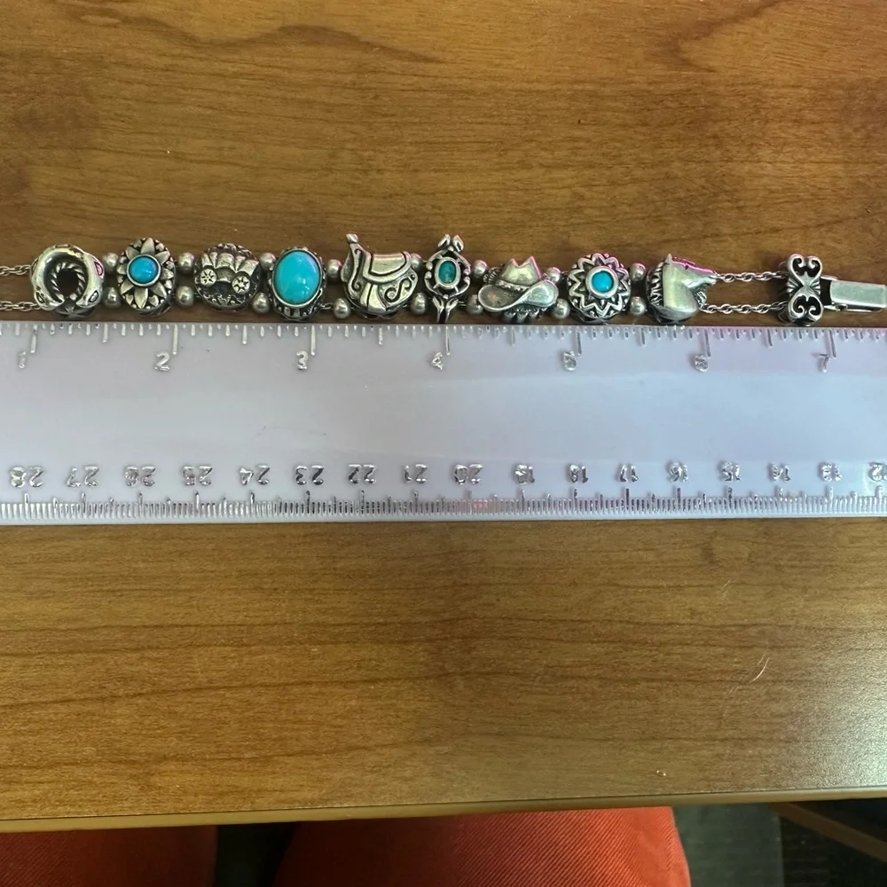VTG Sterling and Turquoise Slider Charm Bracelet Western Themed - Picture 5 of 9